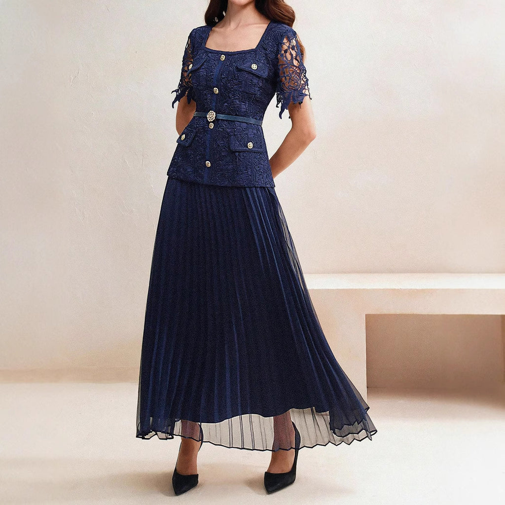 Summer Short Sleeve Dress Women High Grade Heavy Industry Beads Metal Buckle Square Collar Lace Stitching MIYA