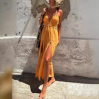 Vestido sexy con doble abertura y dobladillo de color liso