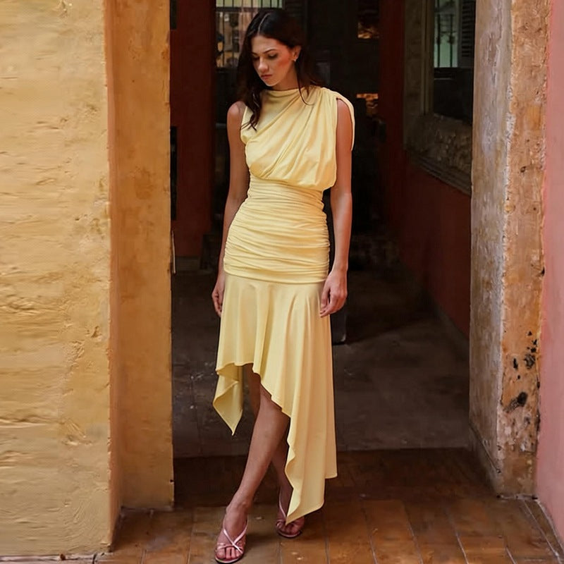 Women Clothing Summer Sleeveless Pleated Waist Tight Slimming Irregular Asymmetric Dress Flash Vision