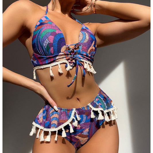 Printed Brazilian Ethnic Halter Lace up Tassel Bikini Women Swimsuit