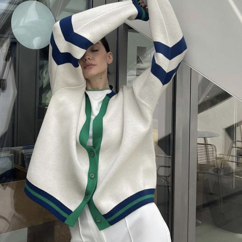 Cárdigan de color contrastante, suéter holgado informal de otoño e invierno para mujer, suéter de punto sencillo a rayas, abrigo