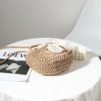 Petit sac à bandoulière pour femme, tissé à la main avec nœud en dentelle, sac à bandoulière portable en paille tissée 