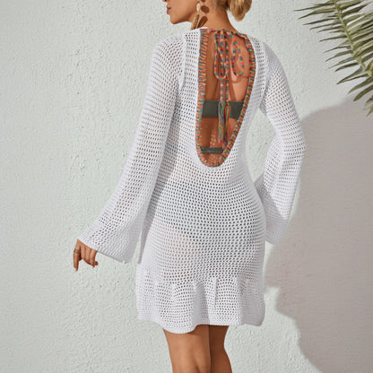 Women Solid Color Sexy Knitted Beach Bikini Swimsuit Blouse Sun Protective Clothing