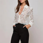 Haut court transparent à col polo en dentelle sexy pour femme, manches longues et franges.