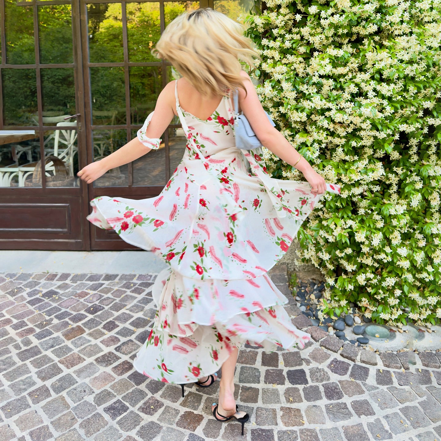 French Elegant Romantic Floral Print Lace up Dress Summer Vacation Irregular Asymmetric Ruffled Dress LingSharp