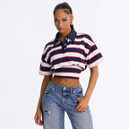 Women Clothing Retro Slimming Color Blocking Spicy Girl Striped All Matching Collared Polo Shirt Top NineSquared