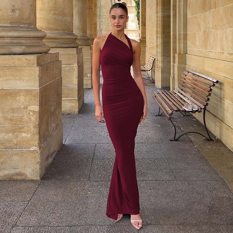 Slim Fit Maxi Dress Summer Solid Color Halter Pleated Sexy Backless Dress LEKINS