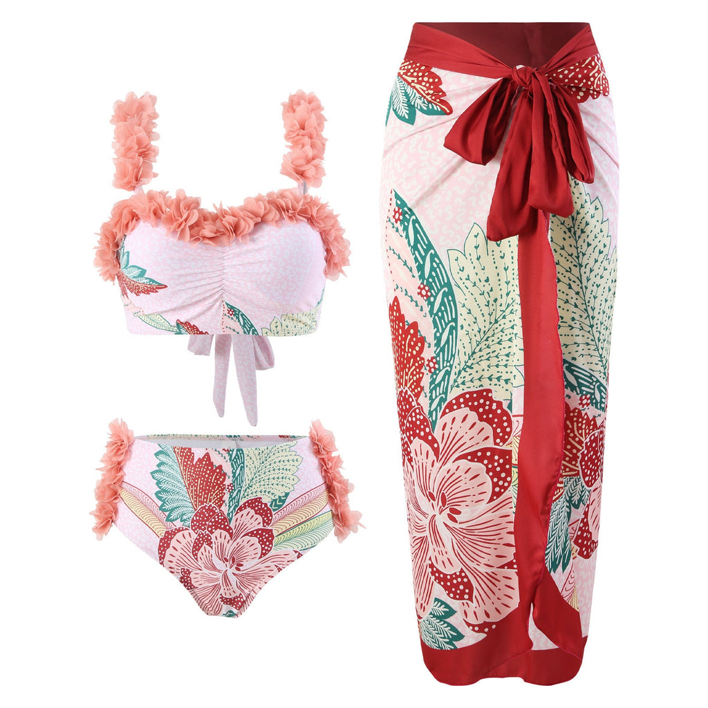Three Piece Set Swimsuit Customized Printed Steel Bracket Push up Petals Gauze Skirt Swimsuit Women Peaches