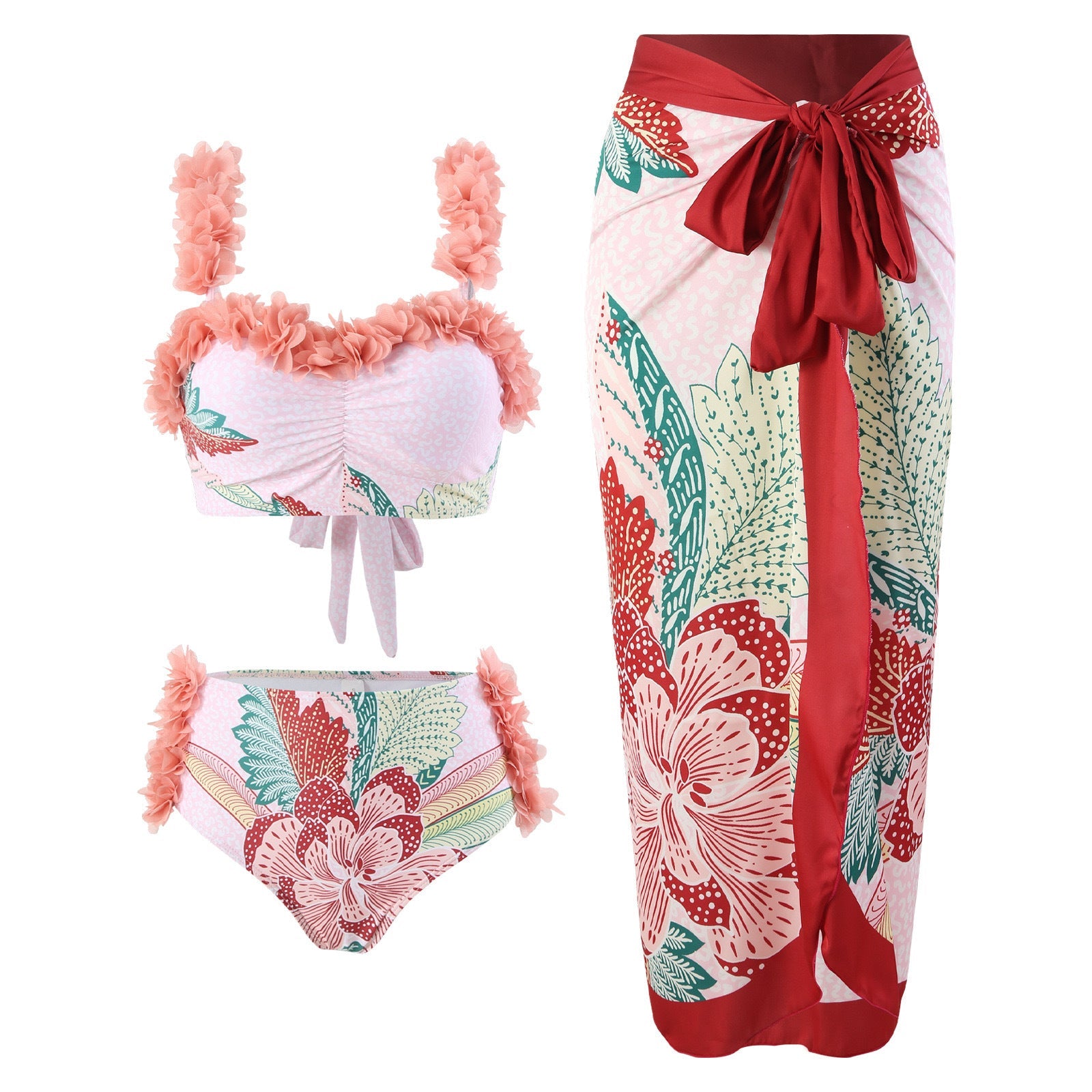 Three Piece Set Swimsuit Customized Printed Steel Bracket Push up Petals Gauze Skirt Swimsuit Women Peaches