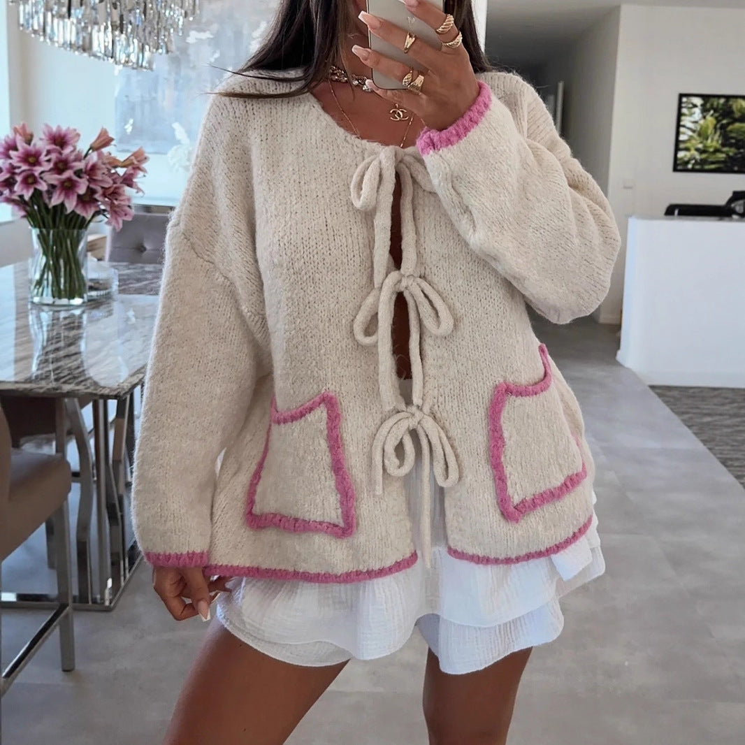 Contrast Color Bow Lace up Autumn Winter Sweater Casual Loose Long Sleeve Pocket Knitwear Top