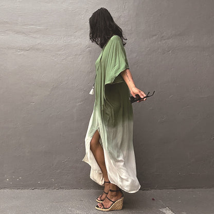 Gradient Color Rayon Beach Dress Vacation Beach Cover Up Swimsuit Outwear Dress Women Slit