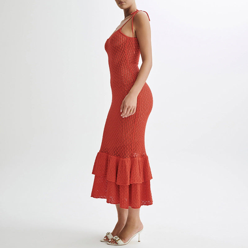 Vestido largo de punto calado halter para verano con recortes, ideal para vacaciones en la playa, con volantes y de ajuste general a la cadera para mujer.