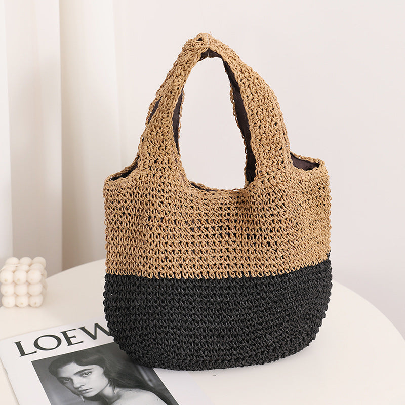 Bolso de paja portátil informal con diseño de contraste de colores, bolso de muñeca, bolso de playa para vacaciones en la playa. 