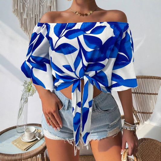 Women Clothing Early Autumn Satin Shirt Printed off the Shoulder Red Loose Fitting Shirt