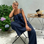 Ruffled Spaghetti Straps Wide Leg Pants Set Women Lace up Waist Controlled Slimming Vacation Two Piece Set Yiskiss