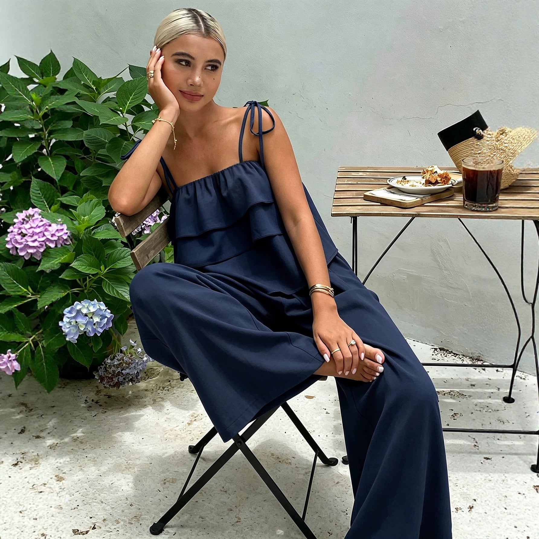 Ruffled Spaghetti Straps Wide Leg Pants Set Women Lace up Waist Controlled Slimming Vacation Two Piece Set Yiskiss
