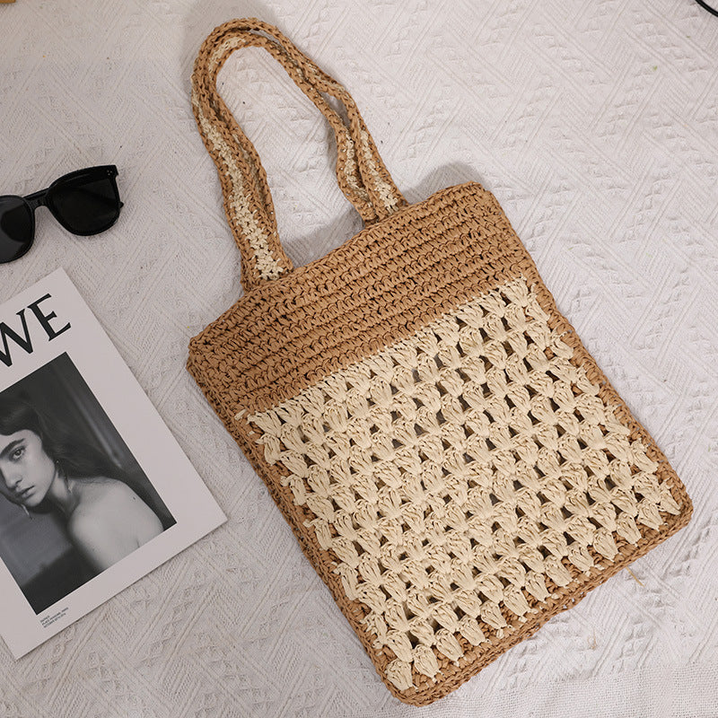 Color Matching Hollow Out Cutout out Crochet Shoulder Straw Bag Special Interest Design Hand Woven Bag Seaside Vacation Beach Bag EaseWoven