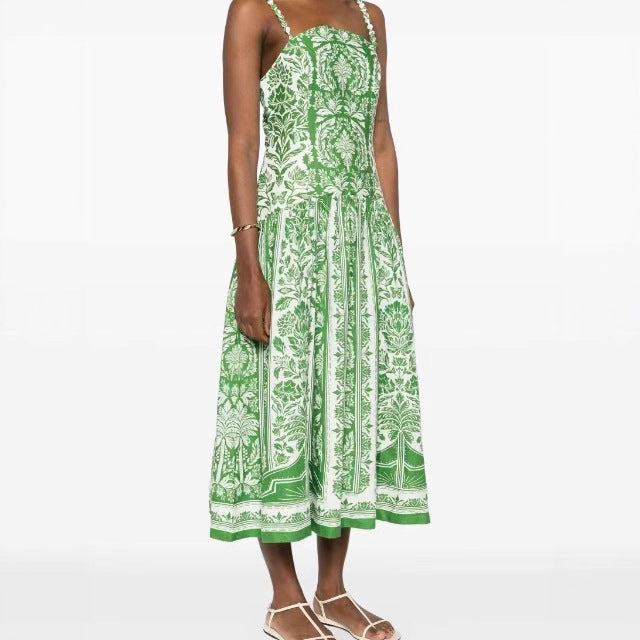 Summer Holiday Sleeveless Spaghetti Strap Floral Print Dress XUYUN