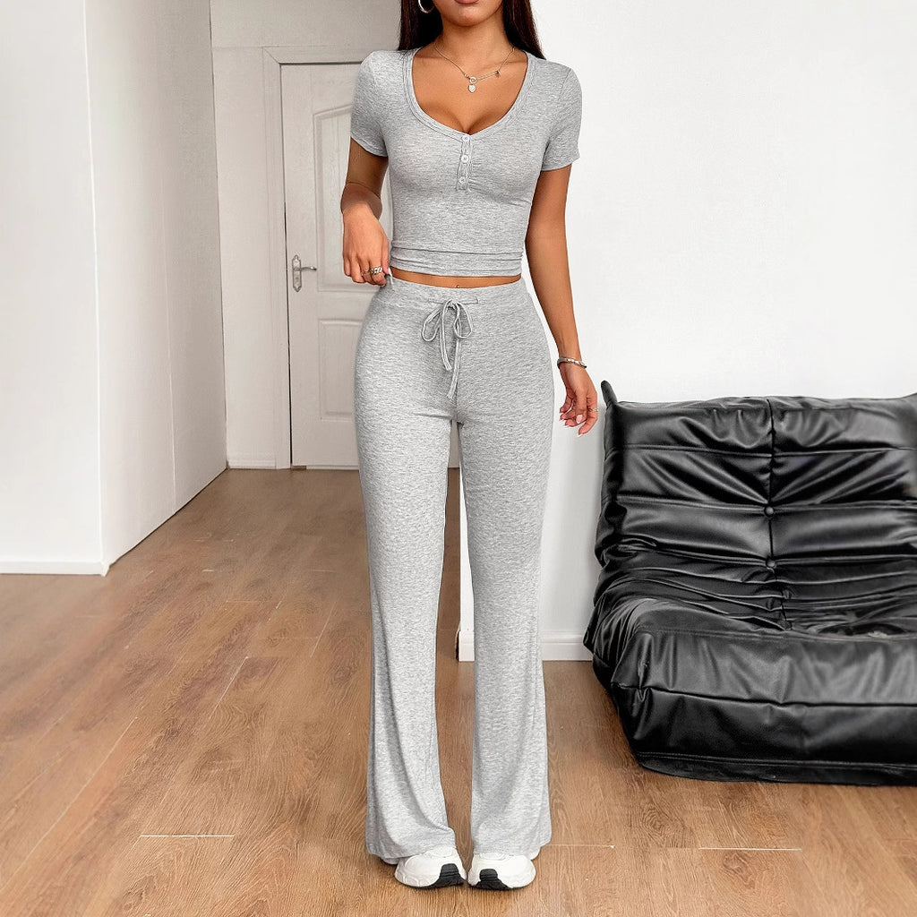 Women Clothing Spring Summer Sports Slim Fit Short Sleeved Women Pants Set Zoyun