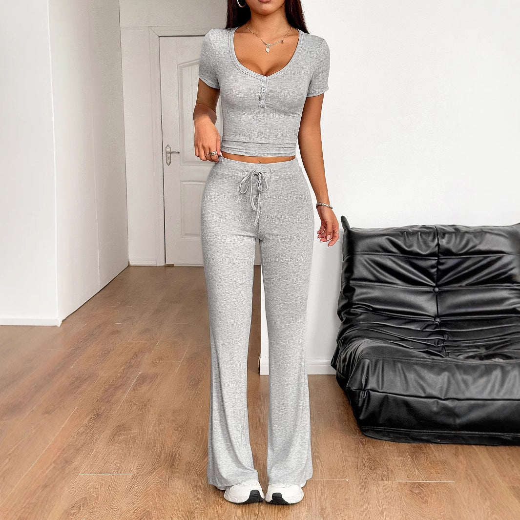 Women Clothing Spring Summer Sports Slim Fit Short Sleeved Women Pants Set Zoyun