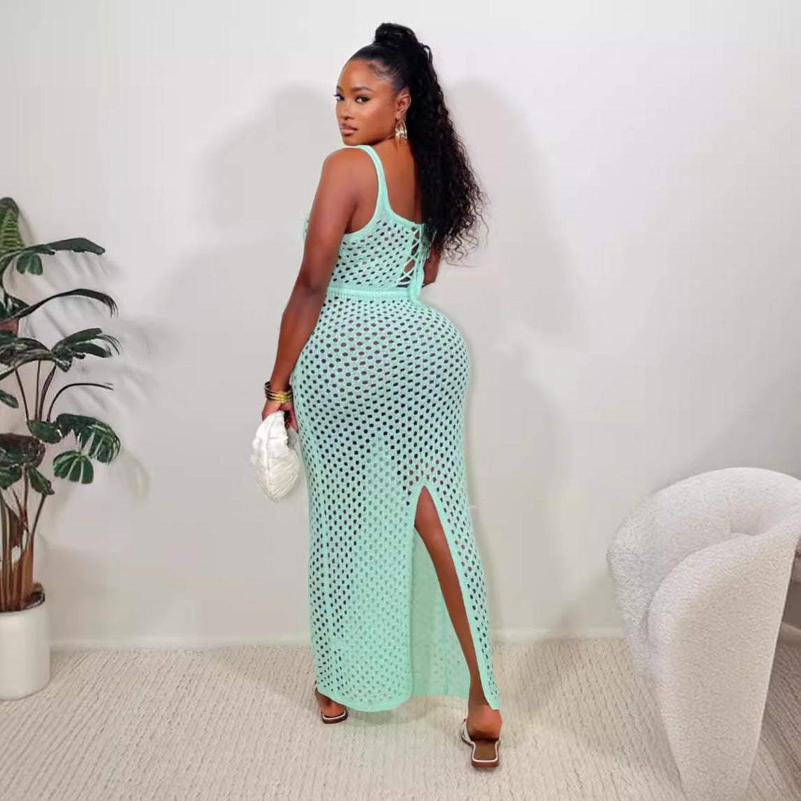 Summer Women Clothing Lace Mesh Vest Top Hip Knitwear Beach Maxi Dress MSTYLE