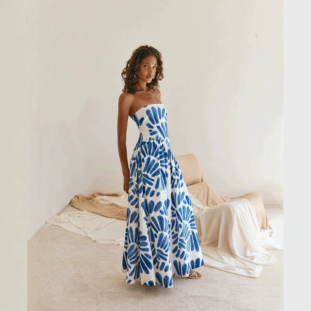 Women Dress Printed Vacation French Wrapped Chest Slim Sexy Maxi Dress Zemy