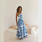 Women Dress Printed Vacation French Wrapped Chest Slim Sexy Maxi Dress Zemy