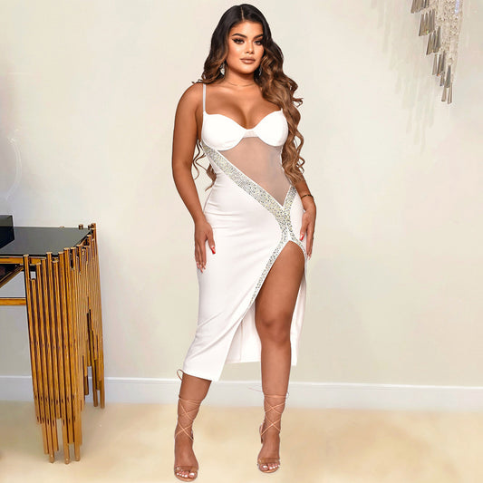 Summer Women Clothing Sexy Strap Rhinestone Split Dress for Women