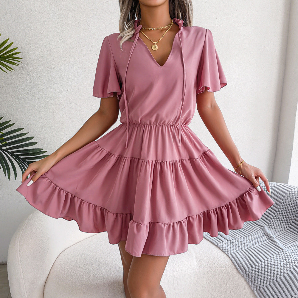 Spring Summer Flounced Ribbon Big Hem A- line Solid Color Dress Women Clothing BAGIISA