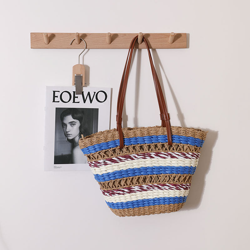 Hollow Out Cutout Straw Bag Vintage Stripe Portable Straw Bag Woven Bag Seaside Vacation Beach Bag Shoulder Bag EaseWoven