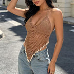 Handmade Crocheted Shell Camisole Hollow Out Cutout Seaside Vacation Beach Sexy Backless Shirt Tidee