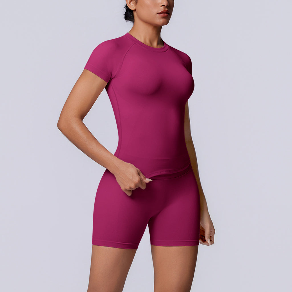 Seamless Knitted Yoga Clothes Slim Fit Short Sleeved Shorts High Waist Peach Hip Lifting Three Section Waist Fitness Yoga Set NESHA