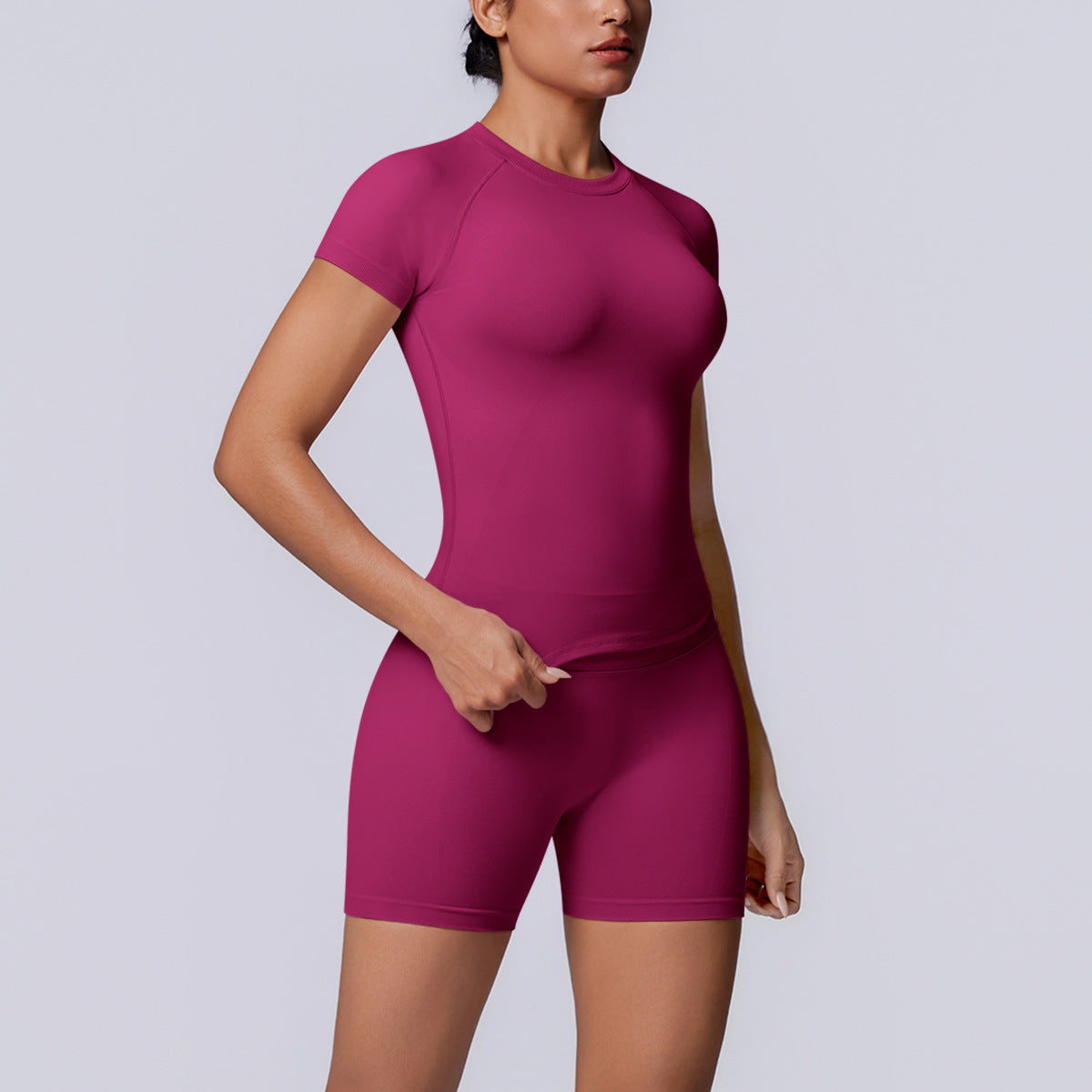 Seamless Knitted Yoga Clothes Slim Fit Short Sleeved Shorts High Waist Peach Hip Lifting Three Section Waist Fitness Yoga Set NESHA