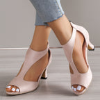 Chunky Heel Suede Fish Mouth Hollowed Sandals Women One Word Bag Heel Open Toed Roman Sandals ZUIMEI