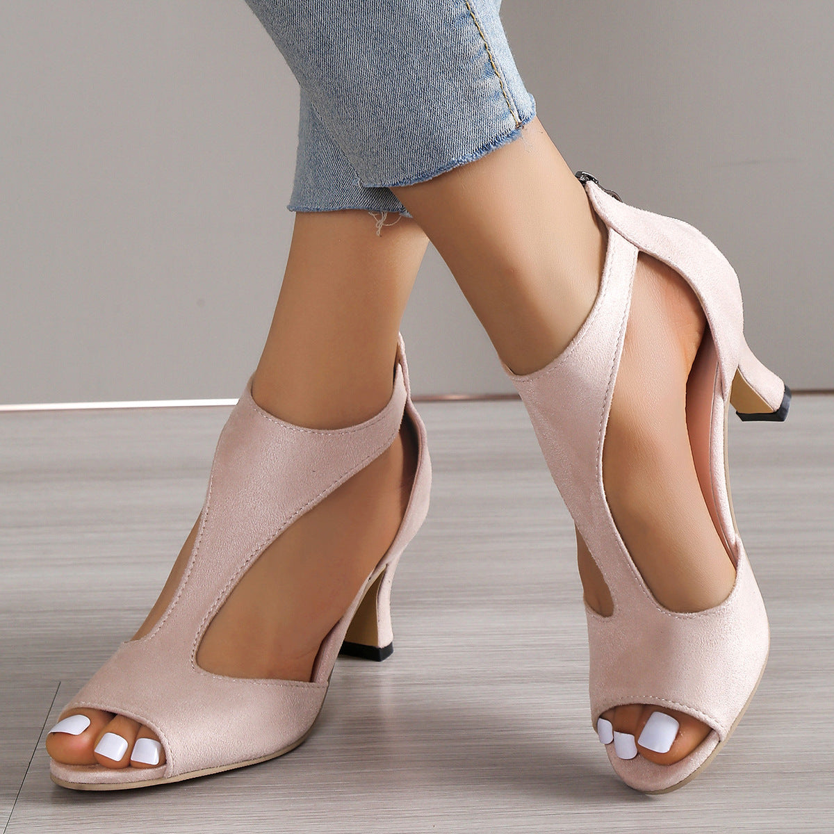 Chunky Heel Suede Fish Mouth Hollowed Sandals Women One Word Bag Heel Open Toed Roman Sandals ZUIMEI