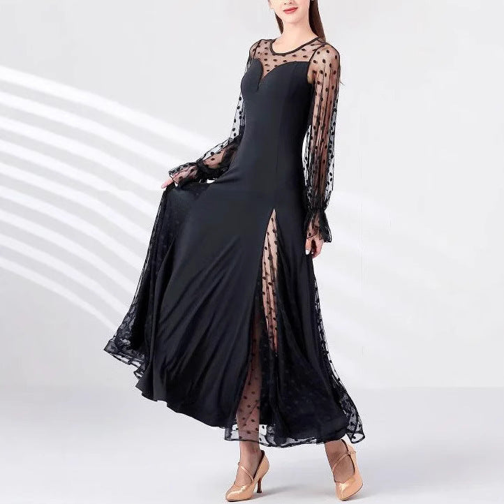 Elegant Women Polka Dot Lace Stitching Long Sleeve Dress Lantern Sleeve Polka Dot Stitching Split Dress Venly