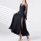 Elegant Women Polka Dot Lace Stitching Long Sleeve Dress Lantern Sleeve Polka Dot Stitching Split Dress Venly
