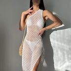 Robe de plage sexy en tricot ajouré et fendu pour femme, cache-maillot transparent