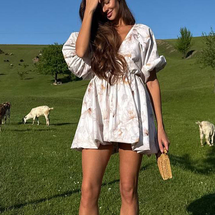 Printed Dress for Women Summer Sexy Backless V neck Puff Sleeve Tied High Waist A line Dress Kigali