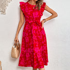 Summer Printed round Neck Ruffled Short Sleeve One Piece Dress for Women HNX