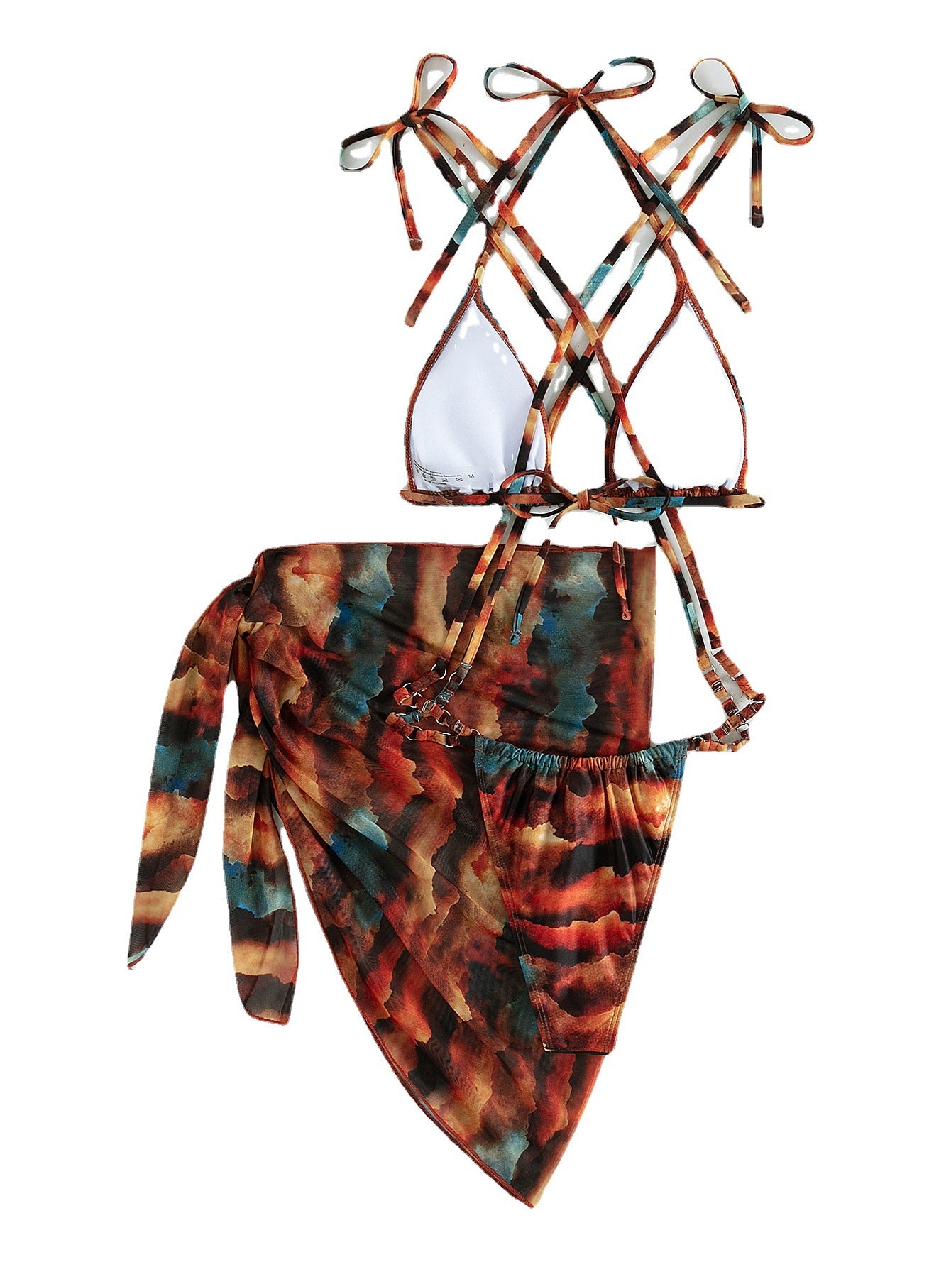 Traje de baño de tres piezas con estampado de degradado y túnica larga Hanfu de red para mujer
