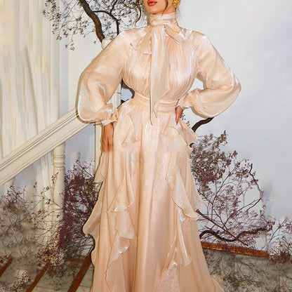 French Elegant Socialite Fairy Dress Summer Stand up Collar Puff Sleeve Pleated Waist Tight Dress Women