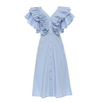 Romantic Beautiful Heavy Industry Pleated V Neck Long Tie Shirt Dress Women OFAN