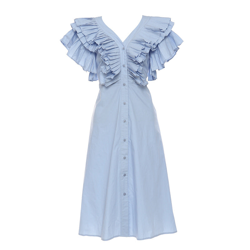 Romantic Beautiful Heavy Industry Pleated V Neck Long Tie Shirt Dress Women OFAN