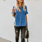 Chemise en jean ample à manches courtes et jambes droites pour femme, idéale pour le printemps et l'été.