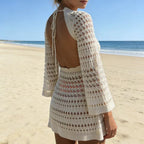 Vacation Sexy Cutout Texture Loose round Neck Backless Sun Protection Beach Cover up Dress Tidee