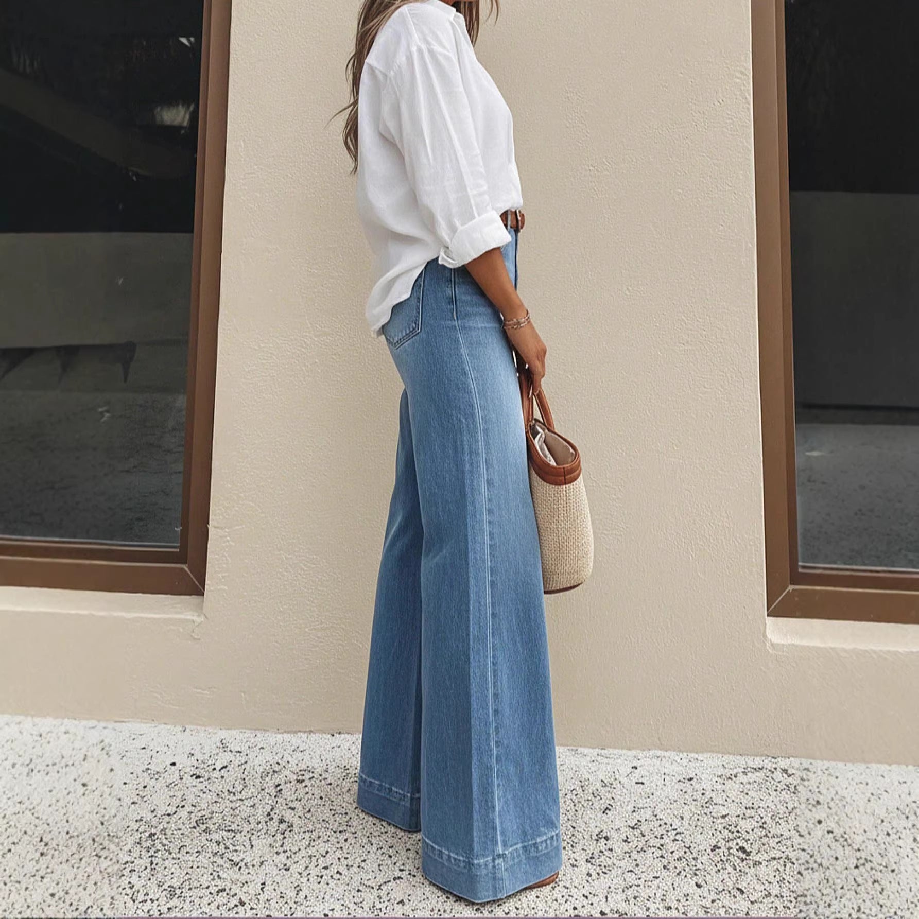 Spring Summer Retro Washed Wide Leg Jeans Loose Slimming High Jeans for Women Cisco