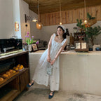 Korean Light Luxury Slim Fit Sweet Design White Dress Waist Slimming Elegant Ruffled Cami Dress EverBillion