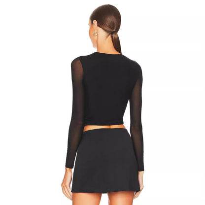 Blusa negra de manga larga con diseño de malla para mujer, cárdigan ajustado de otoño con hebilla