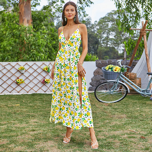 Floral Strap Dress Deep V Plunge High Slit Backless Maxi Dress Rural Sweet Vacation Women